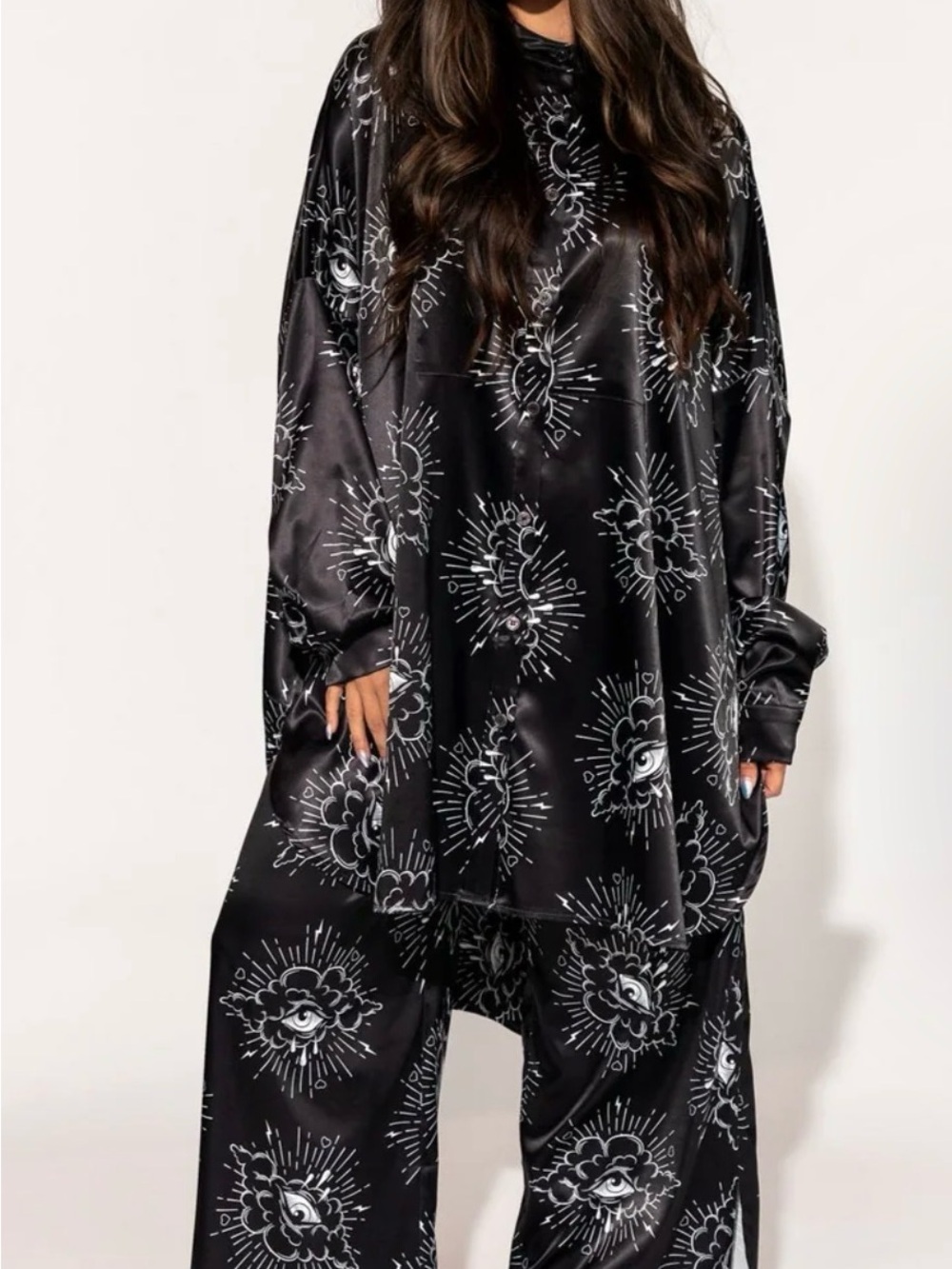 Dressed in LALA Black Button-Down Shirt with White Graphic Eye Print